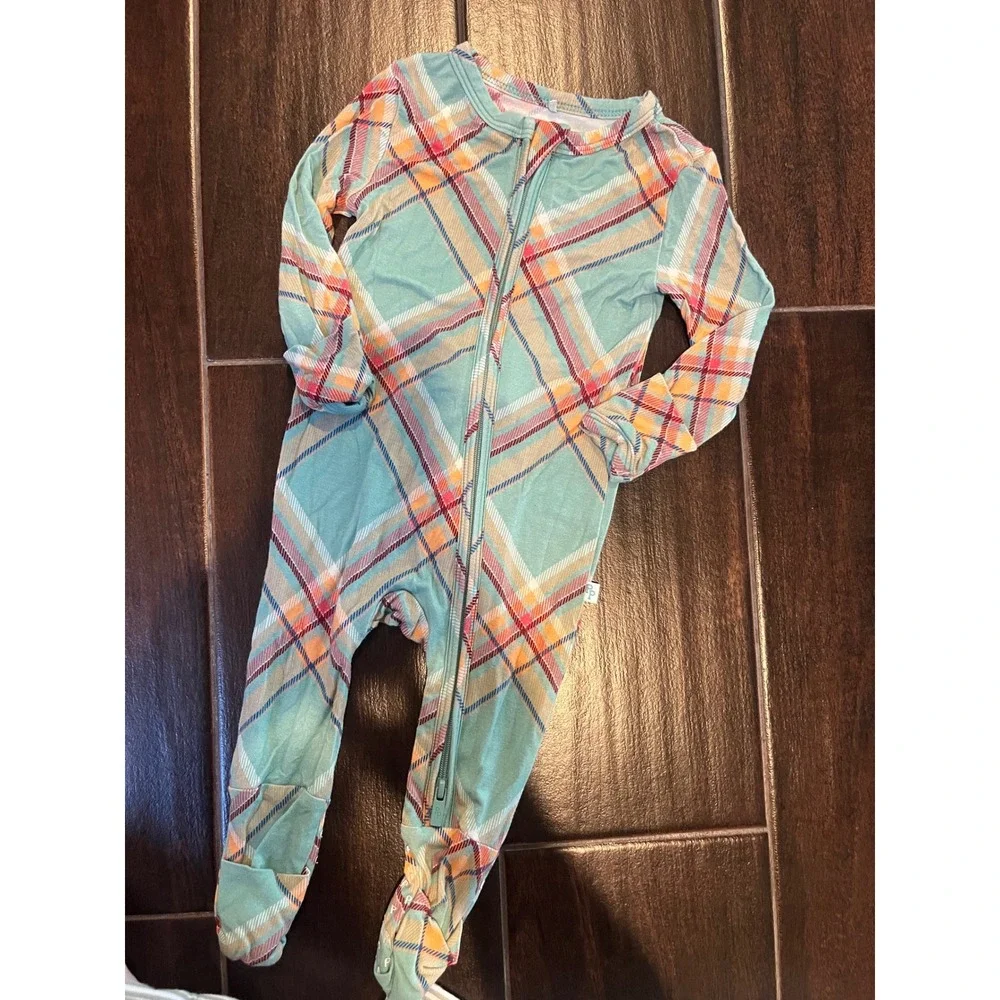 Posh Peanut Teal Orange Plaid Bamboo Viscose Zip Footie Pajama 0-3 Months